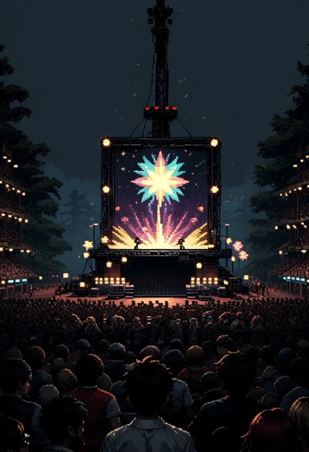score_9, score_8_up, score_7_up, yamer_pixel_fusion, pixel art, pop star, lights, stage, crowd, neon, cute, kawaii, hyper-detailed, d3p1x3l, pixel art