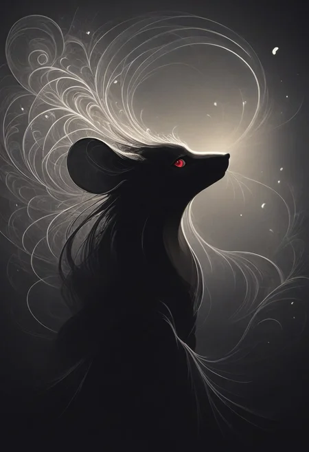 score_9, score_8_up, score_8, solo, (fluffy:0.8), (feral), (furry:0.5) (((mouse))), female, claws, (fluffy cheeks:0.7), (black dress), grey fur, black ears, red eyes, (solo), j_cartoon, night, dark, (witch hat), monochromemuse, monochrome, greyscale, mad-wsps, j_cartoon, look at viewer, side view, (art nouveau:1.5), (head shot, portrait:2), (silhouette:2)