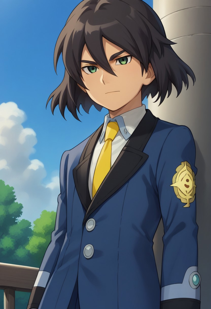 score_9, score_8_up, score_7_up, source_anime, highly detailed, 
haruki, 1boy, male focus, solo, black hair, hair between eyes, green eyes, school uniform, jacket, blue jacket, long sleeves, shirt, white shirt, collared shirt, necktie, yellow necktie,
outdoor, sky, tree