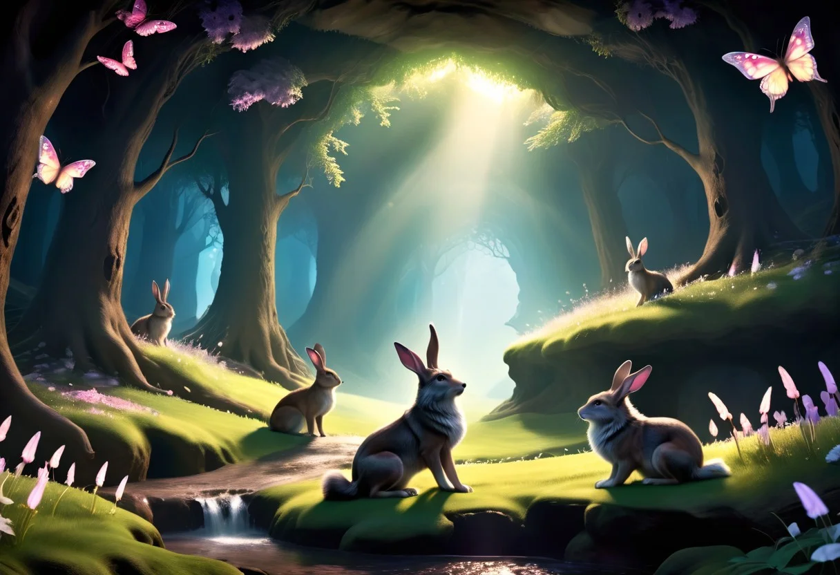 A fantasy spring landscape with rabbits, rabbits sit in front of their cave, the rays of sunshine fall down, colorful and luminous butterflies, wolves, fantasy forest