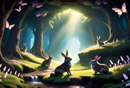 A fantasy spring landscape with rabbits, rabbits sit in front of their cave, the rays of sunshine fall down, colorful and luminous butterflies, wolves, fantasy forest