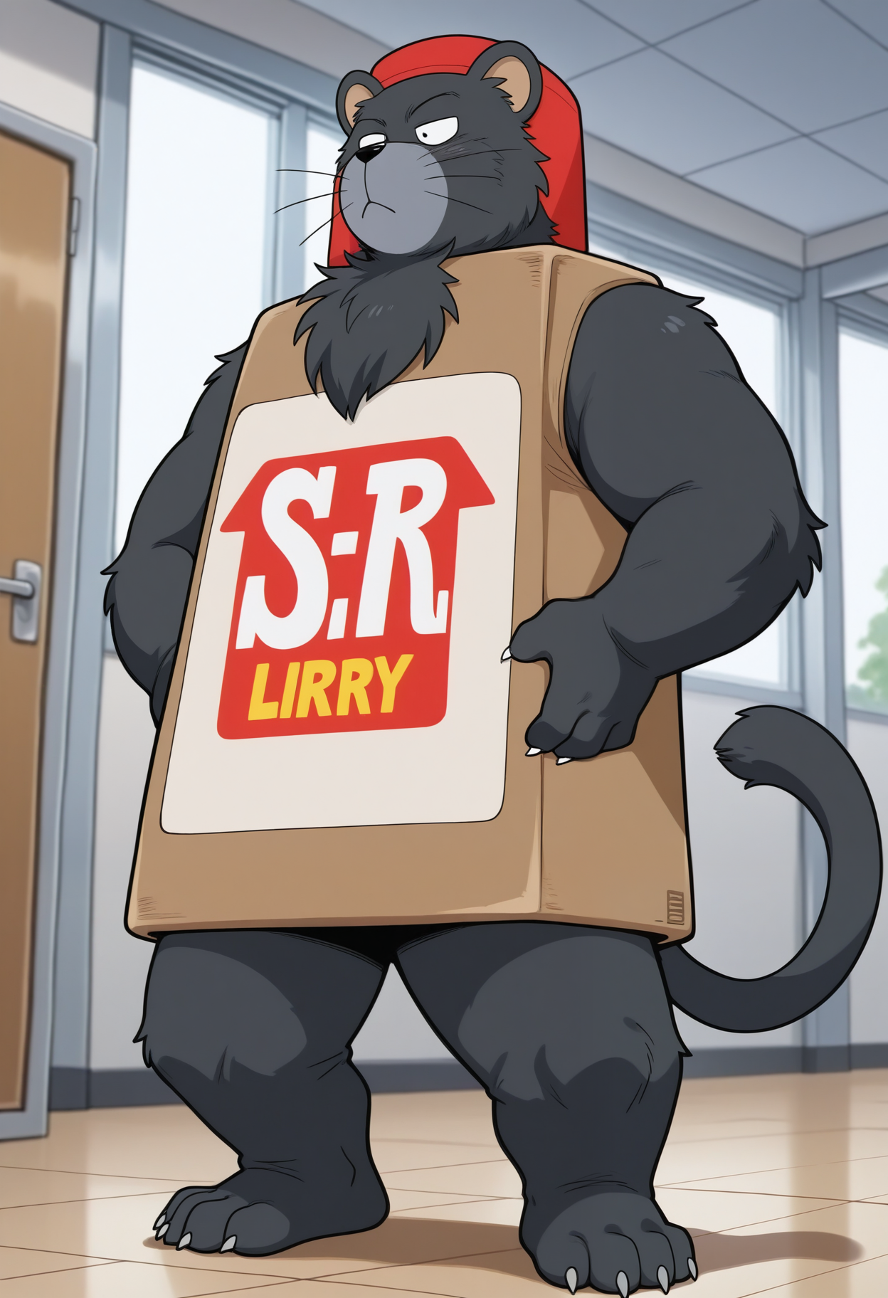 masterpiece,best quality,amazing quality, 1boy, solo, m0us3, furry, black fur, whiskers, red headwear, SR (text), costume, tail, naked, full body,