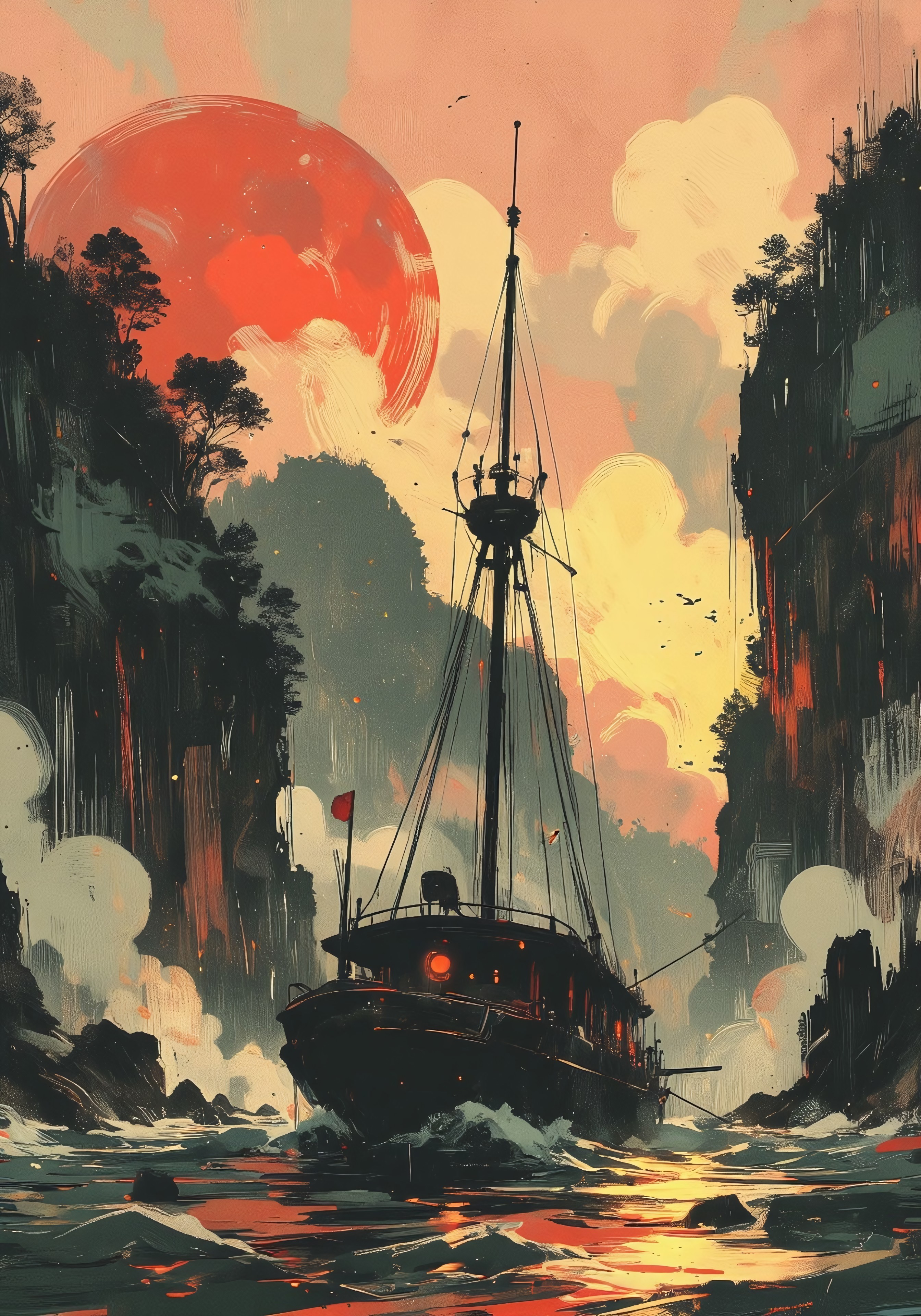 OBxiaoxiang, Special Ink-drawing mode, Mh1$AgThS2, intricate linework with expressive contrasts, inksketch of a Chinese Junk sailing through south-east asian rock pinnacles, sunset