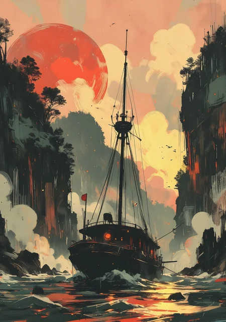 OBxiaoxiang, Special Ink-drawing mode, Mh1$AgThS2, intricate linework with expressive contrasts, inksketch of a Chinese Junk sailing through south-east asian rock pinnacles, sunset