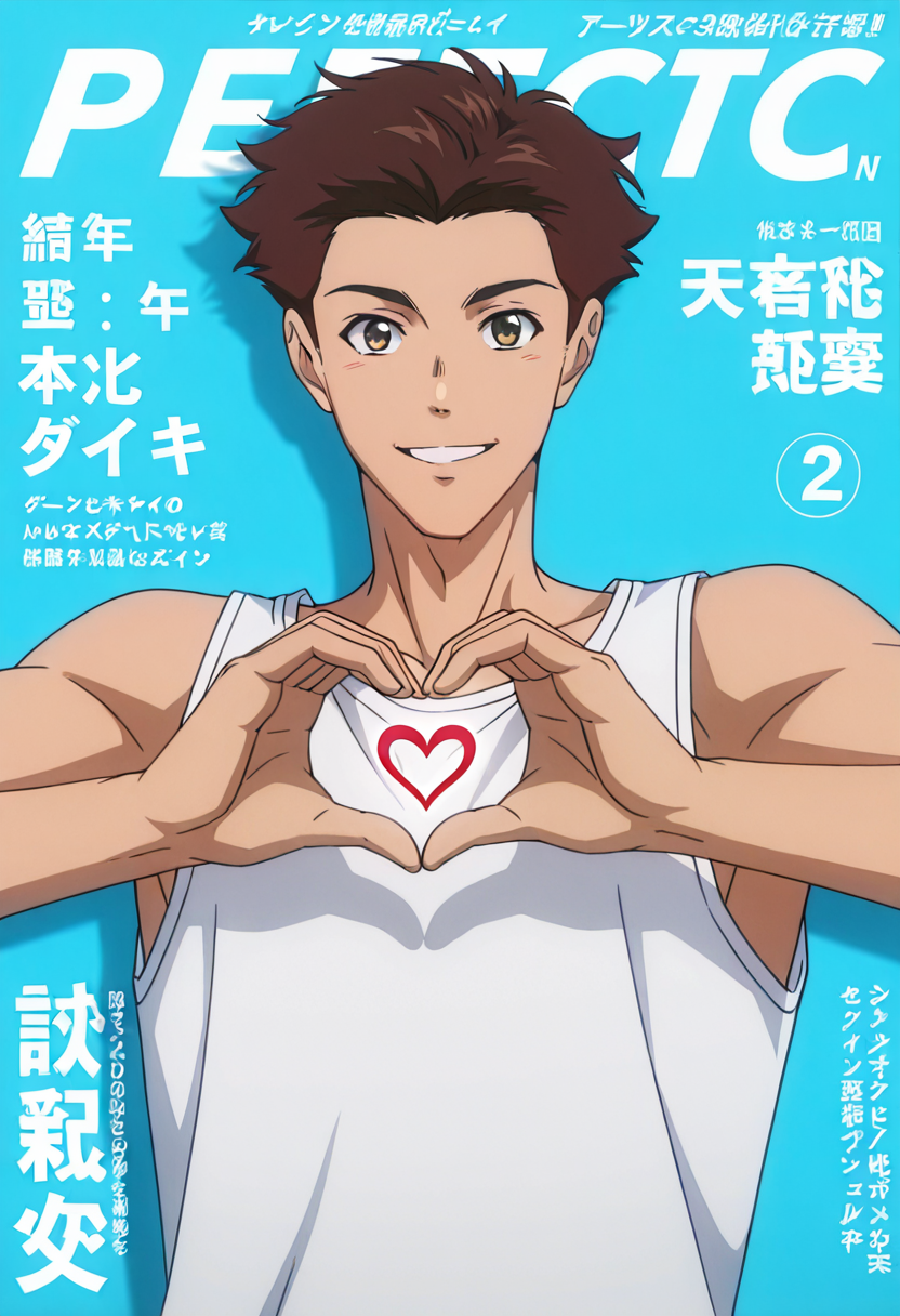 masterpiece, best quality, newest, absurdres, anime screencap, intricate details, good quality, very awa, highres, perfect proportions, perfect eyes, amazing quality, very aesthetic, <lora:Sakaki_Shohei_Love_All_Play.safetensors:1.0>,  1boy, shoh31_sakak1, brown_shoh31_sakak1_eyes, brown_shoh31_sakak1_hair, anime coloring, solo, male focus,  magazine cover, upper body, text background, japanese text, baby blue background, dutch angle, dynamic pose, advertising poster style, white tanktop, looking at viewer, heart hands, red heart, parted lips, smile,  shadow, dynamic angle, dynamic action, atmospheric perspective, intricate lighting, intricately detailed illustration, depth of field,