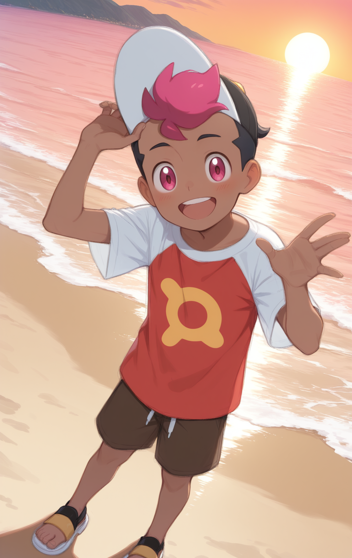 dynamic angle, highres, masterpiece, best quality, amazing quality, absurdres, 1boy, solo, <lora:roy_ILXL:1> roy, black hair, pink hair, short hair, two-tone hair, dark skin, pink eyes, red shirt with white sleeves, short sleeves, happy, smiling, full body, brown shorts, looking at viewer, black and white baseball cap, sandals, standing, hands in the air, beach, sand, sun,