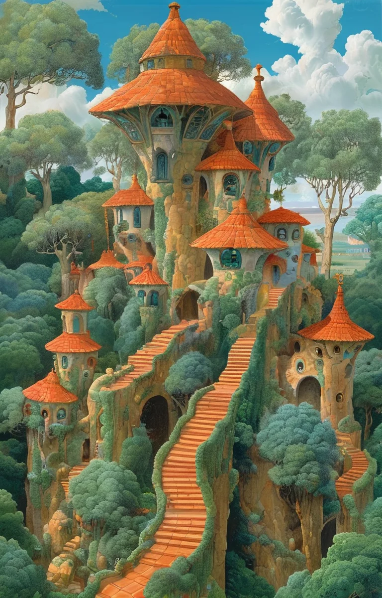 masterpiece,best quality,<lora:tbh306-sdxl:0.9>,illustration,design by Michael Graves, Whimsical treehouse complex in a lush forest, channeling the spirit of Antoni Gaudí