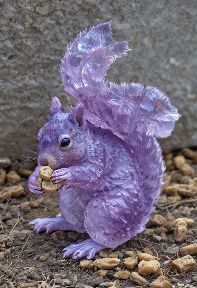 fluorite mineral, flu0rite, iridiscent, squirrel, caught in a trap, peanuts on the ground,