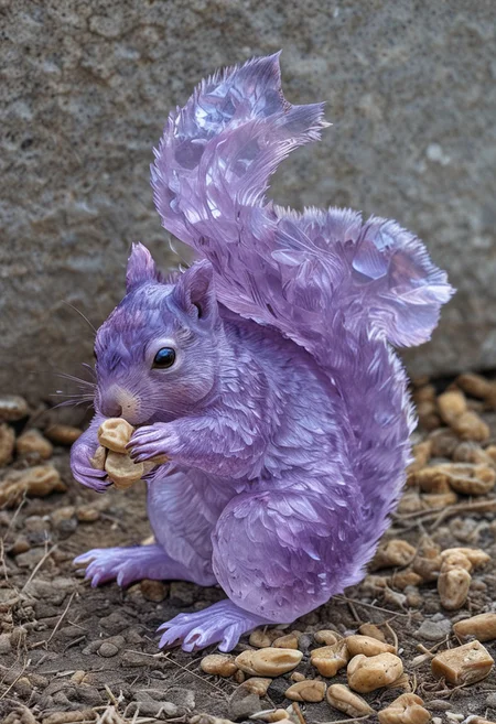 fluorite mineral, flu0rite, iridiscent, squirrel, caught in a trap, peanuts on the ground,