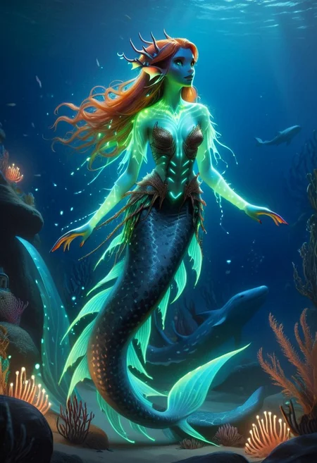 Draw a feminine  bioluminescent siren With copper hair, Brightly coloured long finger nails, fangs, bohemian horror, whale-shark spots, translucent dress, muscular arms, fins,benthic merfolk,glow