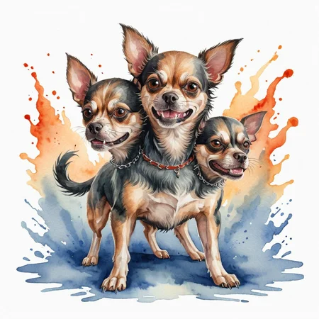 watercolor illustration of Cerberus chihuahua <lora:cerberus-000011:1>