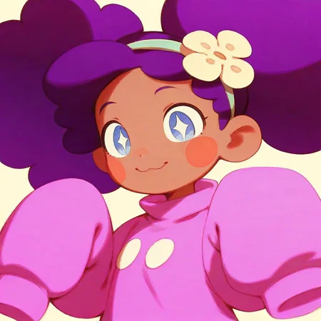 score_9, solo, 1girl, dark skin, purple hair, big hair, hair flower, sleeves past wrists, blush stickers