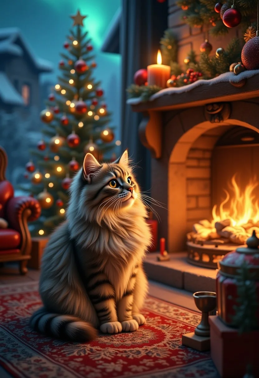 xmas eve night, (cute cat) with long gold fur near fireplace and Xmas tree, intricate details, background full of xmas house, candles, symmetry, aurora borealis