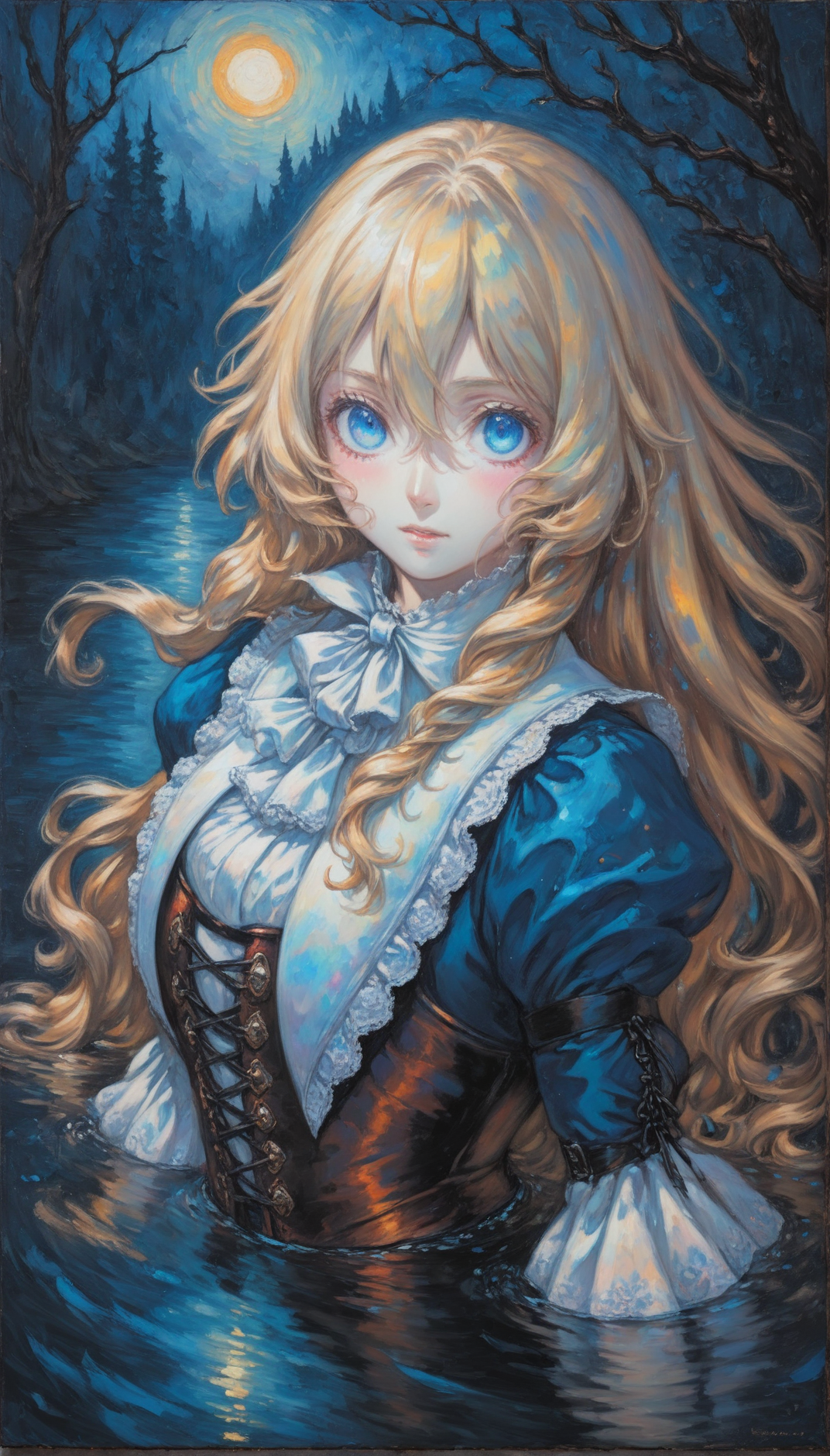 1girl, castlevania_ayami_kojima_xl, castlevania, maria renard, blond hair, blue eyes, long hair, low-tied long hair, low ponytail, corset, big eyes,
[pearl:opal:0.5], oil painting \(medium\), oil painting, impasto, chiaroscuro, scumbling, alla prima, underpainting,
very aesthetic, masterpiece, best quality, hyper detailed, ultra detailed, UHD, perfect anatomy, dazzling, transparent, detailed Illustration, official artwork, wallpaper, official art, extremely detailed eyes and face, beautiful detailed eyes, blue eyes,
emerging from lake, partially submerged, water, wet clothes,
<lora:castlevania_ayami_kojima_xl:1>
<lora:aesthetic_anime_v1s:1>
<lora:IOS_Iridescent_opal_style:0.4>