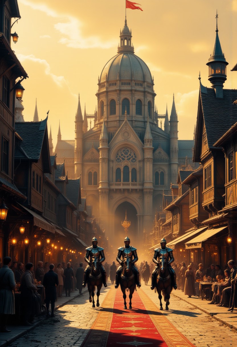 A medieval fantasy scene, set in a European castle or town. The scene is bathed in golden, late afternoon light, casting long shadows and creating a warm, ethereal atmosphere. The central focus is a grand, domed cathedral with ornate Gothic architecture, featuring multiple spires and arched windows. The cathedral's dome is adorned with intricate carvings and a red flag waves from its highest point. In the foreground, a cobblestone street is flanked by wooden buildings with thatched roofs, illuminated by soft, warm lights from lanterns hanging overhead. The street is adorned with a red carpet running down the center, adding a touch of grandeur. Several armored knights, dressed in heavy chainmail and helmets, walk down the street, some on horseback, creating a sense of nobility and authority. The knights' armor is detailed with intricate designs, emphasizing their status. The background showcases more buildings and a bustling market scene, with people milling about and engaging in various activities. The overall texture of the image is highly realistic, capturing the rich textures of stone, wood, and metal, with a meticulous attention to detail that brings the scene to life. highly detailed, 8k, sharp, midjourneyv6.1, in the style of Jed-clrfl, orange sphere on the background