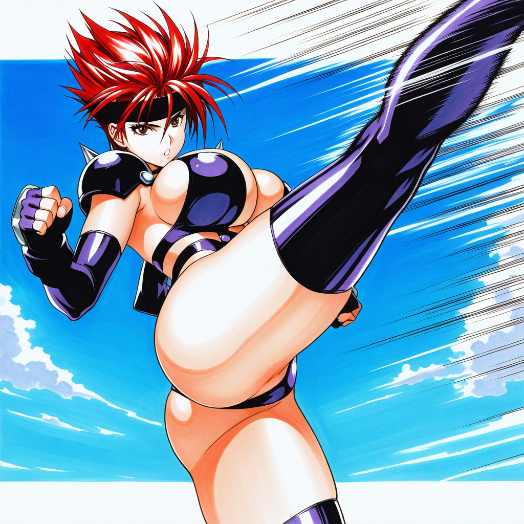 masterpiece, best quality, good quality, <lora:JURI_GFUW_IS:1>JURI_GFUW, solo, huge breasts, short hair, black headband, red hair, spiked hair, brown eyes,inoue takuya style,  
 kicking,  gloves, thighhighs, 1boy, traditional media, boots, genderswap, genderswap (mtf), ass, leotard, fingerless gloves, battle, solo, speed lines,
blue sky,
