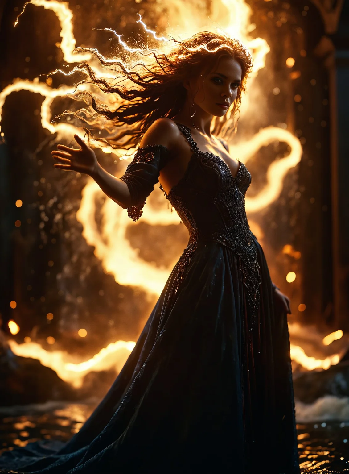 cinematic film still Photography,masterpiece,detailed,A captivating image of an elemental magician in their entirety,a 27-year-old woman,(Huge hair full of lightning bolts:1.1),(surrounded by a whirlpool of water (lightning discharges):1.1),(vortex flows:1.2),as they combine these elements into a spell of cosmic equilibrium,(She is clad in flowing robes whose color varies according to the elements),(and she stands at the apex where the four elemental planes intersect),(Complex details),eerie,(burning eyes:1.3),nightmarish,insane,brilliant,volumetric lighting,distinctive pose,dynamic posture,RTX,lifelike,<lora:add-detail-xl:1>,dark,<lora:zavy-cntrst-sdxl:0.7>,angry,shallow depth of field,vignette,highly detailed,high budget,bokeh,cinemascope,moody,epic,gorgeous,film grain,grainy,<lora:detailed_notrigger:0.7>,