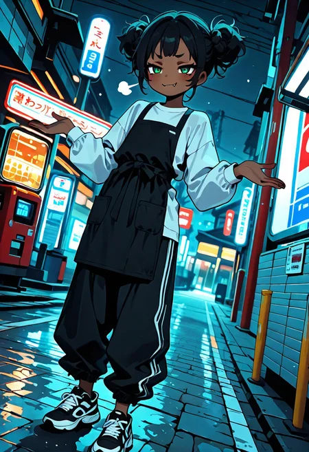 dark skin, warm skin, brown skin, female, solo, smug, human, mesugaki, short girl, slim, cute fang, black hair, flat chest, twin buns, green eyes,
apron, plain shirt, baggy pants, sneakers
shrugging,
best quality, amazing quality, sharp eyes, cold tones, night, dynamic angle, expert shading, detailed, caststatsimple
gas station,