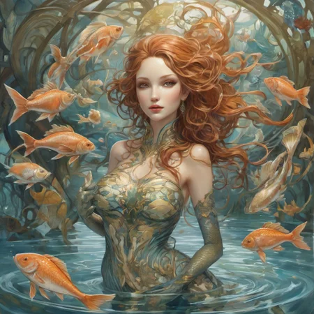 ((((anthropomorphic bipedal humanoid with fish like traits)))), scaly primeval sexy [merfolk].  bald, 
[[Bill Medcalf, Alphonse Mucha, Gustav Klimt.
beautiful sexy female, Large breasts, ]]