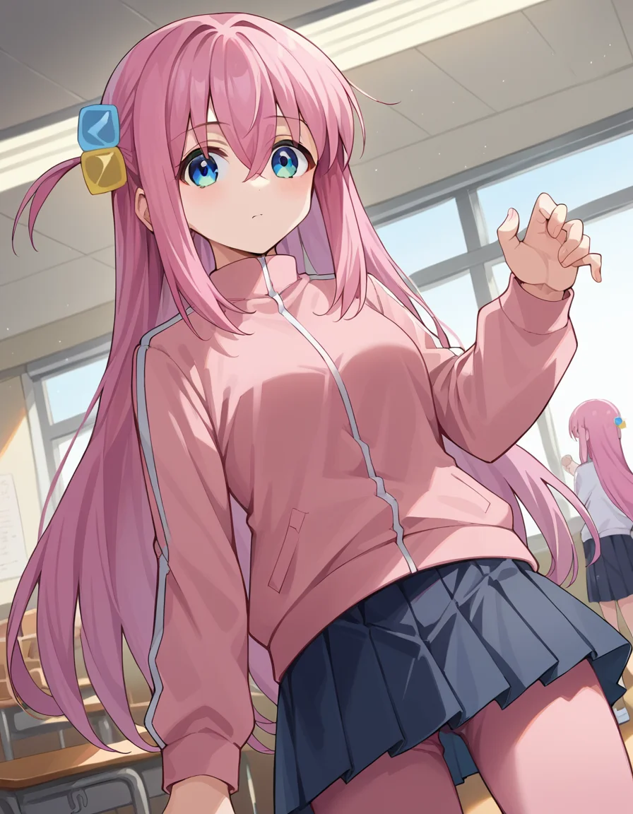 score_9, score_8_up, score_7_up, source_anime, hitorigotou, <lora:hitori-gotou-ponyxl-lora-nochekaiser:1>, hitori gotou, blue eyes, cube hair ornament, hair between eyes, hair ornament, pink hair, one side up, long hair, black skirt, jacket, long sleeves, pants, pants under skirt, pink jacket, pink pants, pleated skirt, skirt, track jacket, track pants, track suit, indoors, classroom, looking at viewer, cowboy shot, dutch angle, dynamic pose,