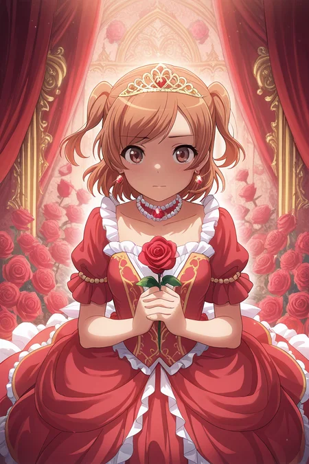 masterpiece, best quality, amazing quality,
<lora:Karen_IL:1> karen, 1girl, solo, dress, red dress, rose, tiara, two side up, flower, own hands together, frills, jewelry, earrings, brown eyes, red flower
