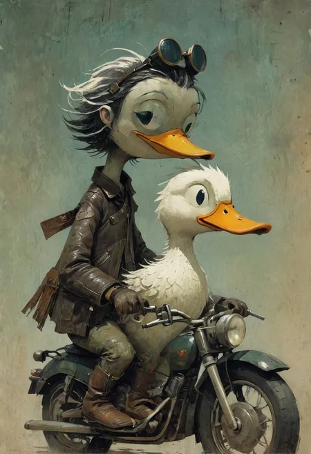 WackyScratchDaal, anthropomorphic duck riding on a motorcycle, wearing oldschool goggles, leather jacket, badass, collagraph by William Wray