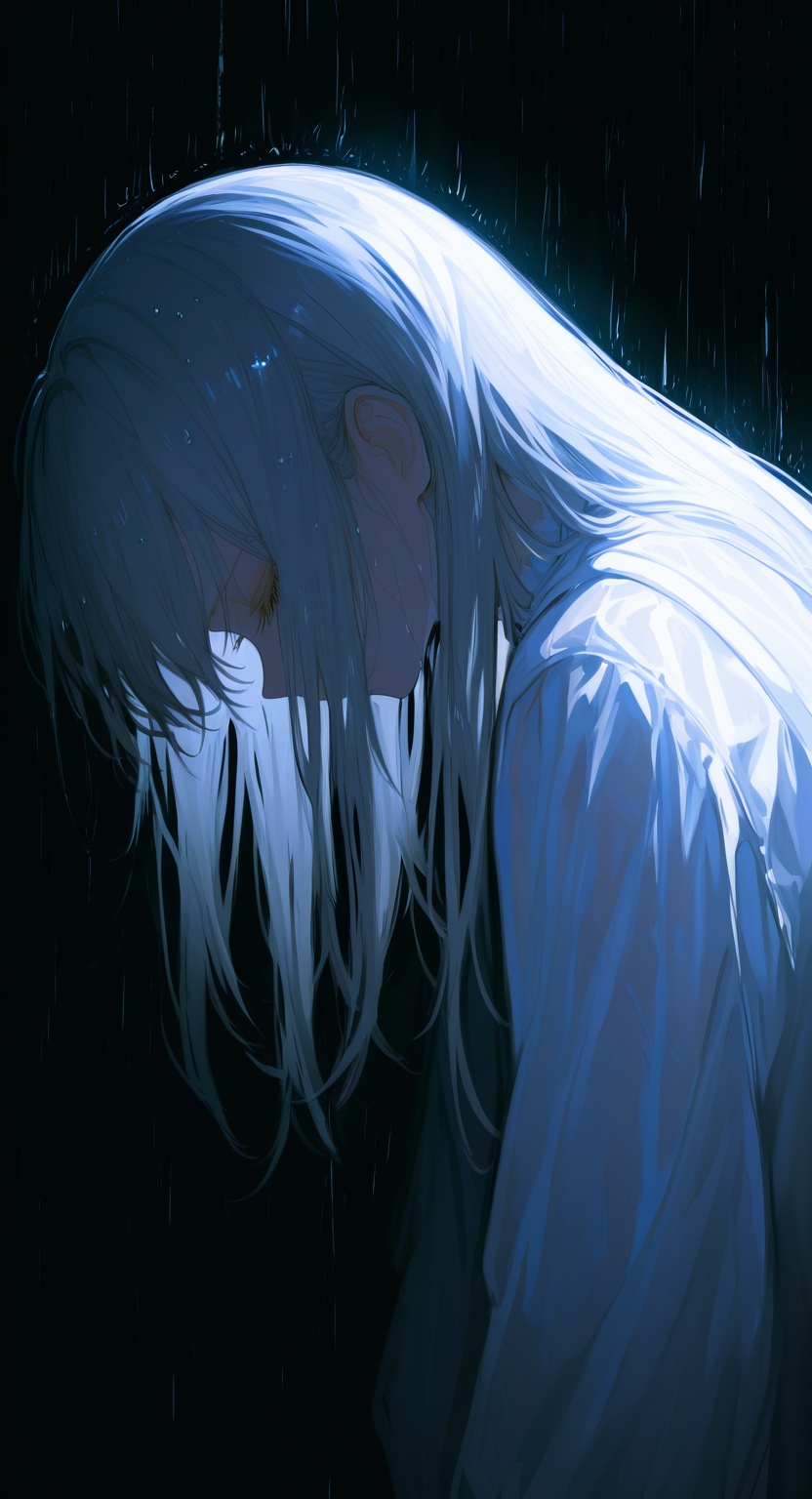 masterpiece, best quality, good quality, very aesthetic, absurdres, newest, 1girl, solo, long_hair, shirt, long_sleeves, dress, closed_mouth, upper_body, closed_eyes, grey_hair, sidelocks, white_dress, from_side, eyelashes, wet, profile, night, looking_down, backlighting, rain, light, wet_hair, dark, dark_background, sidelighting, head_down, facing_down <lora:spo_sdxl_10ep_4k-data_lora_webui:0.6> <lora:ponyv5_noobV065S_1_adamW-000013:0.7> <lora:USNR_STYLE_XL_lokr:0.45> <lora:748cmSDXL:0.4>