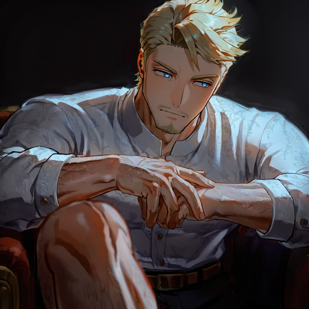 <lora:bunet:1> bunet,blonde hair,blue eyes,muscular male,manly,handsome
very short hair, male focus, muscular male, bara, mature, (hairy body, hairy, body hair, arm hair, leg hair, hairy body, glossy skin, bara, mature, facial hair, beard, full beard, sideburn, mustache, stubble), facial hair, bara, mature, body hair, aixiwuganda_(20222192), very awa, masterpiece, best quality, absurdres, newest, perfect quality, detailed background, intricate details,, <lora:slider_Body Type_alpha1.0_rank4_noxattn_last:2><lora:Anime Summer Days 2 Style SDXL_LoRA_Pony Diffusion V6 XL:.6><lora:merged:.7>, DARK, DARK BACKGROUND, LOW-KEY LIGHTING <lora:slider_cfg_scale_boost:.7><lora:Artist6p:.55>, Artist6p, Artist04p,<lora:slider_il_brightness_slider_d1:-1><lora:slider_il_contrast_slider_d1:-.5>,<lora:slider_contract_controller_illus01_v1:.3>, <lora:addon_illustriousXLv01_stabilizer_v1.121:.5>,<lora:slider_DarkSlider1.2_alpha1.0_rank16_full_300steps:-.5>