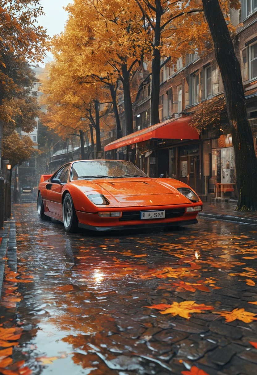 score_9, score_8_up, score_7_up, high detailed, hyper realistic, 8k, 16k, masterpiece, CGI rendering. A classic Italian supercar, Ferrari F40, parked on a cobblestone street glistening with fresh rain, scattered with golden autumn leaves. The Rosso Corsa red body with deep black racing stripes creates a striking contrast against the dark, rain-slicked surface. Its carbon fiber rear wing and sculpted aerodynamic intakes emphasize its aggressive yet elegant stance. Surrounding the scene, fiery orange and deep burgundy maple trees stand tall, their vibrant foliage enhancing the fall season's warmth. Above, a soft gradient sky blends warm amber and misty blue, as the gentle post-rain glow reflects off the polished car surface, casting dramatic highlights. The Japanese license plate marked with the number 76 sits prominently on the rear bumper, adding authenticity to the setting. A dreamlike atmosphere emerges as the diffused golden-hour light creates long shadows, enriching the car's sculpted curves and intricate details. The highly detailed environment features textured cobblestones glistening with reflections, delicate raindrops clinging to the windshield, and crisp, ultra-sharp metallic finishes. A perfectly balanced composition blending nostalgic elegance, seasonal transition, and timeless automotive beauty in a cinematic masterpiece.