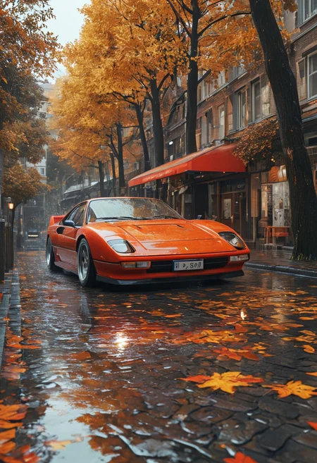 score_9, score_8_up, score_7_up, high detailed, hyper realistic, 8k, 16k, masterpiece, CGI rendering. A classic Italian supercar, Ferrari F40, parked on a cobblestone street glistening with fresh rain, scattered with golden autumn leaves. The Rosso Corsa red body with deep black racing stripes creates a striking contrast against the dark, rain-slicked surface. Its carbon fiber rear wing and sculpted aerodynamic intakes emphasize its aggressive yet elegant stance. Surrounding the scene, fiery orange and deep burgundy maple trees stand tall, their vibrant foliage enhancing the fall season's warmth. Above, a soft gradient sky blends warm amber and misty blue, as the gentle post-rain glow reflects off the polished car surface, casting dramatic highlights. The Japanese license plate marked with the number 76 sits prominently on the rear bumper, adding authenticity to the setting. A dreamlike atmosphere emerges as the diffused golden-hour light creates long shadows, enriching the car's sculpted curves and intricate details. The highly detailed environment features textured cobblestones glistening with reflections, delicate raindrops clinging to the windshield, and crisp, ultra-sharp metallic finishes. A perfectly balanced composition blending nostalgic elegance, seasonal transition, and timeless automotive beauty in a cinematic masterpiece.