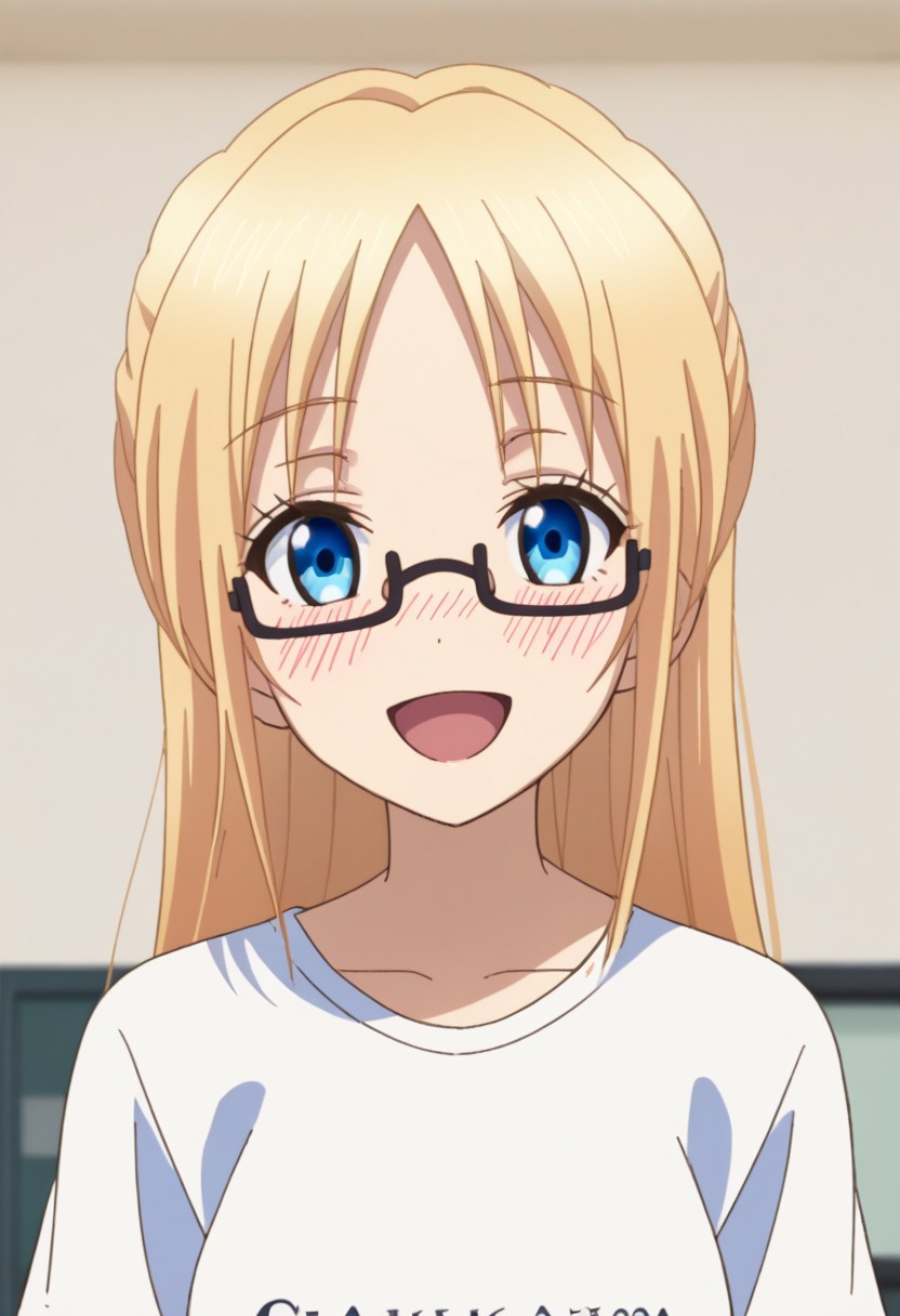 score_9, score_7_up, source_anime
ChisatoMizusawa, 1girl, solo, blue eyes, glasses, blonde hair, long hair, t-shirt, blush, open mouth, happy, 
indoor,