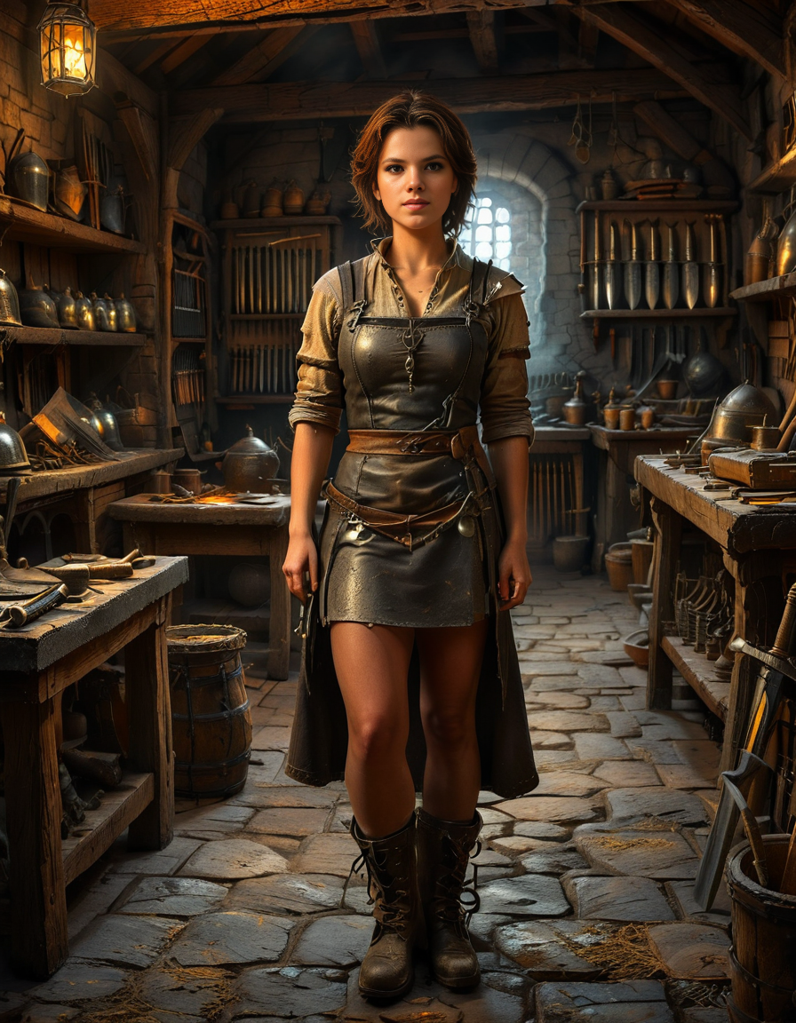 looking at viewer,(A strong and elegant female,1girl,short brown hair,medium breasts:1.3), blacksmith standing confidently in her medieval forge shop,medieval f0rg3 sh0p. She has a determined expression on her face, with soot and ash lightly marking her skin. She is wearing a thick leather apron with scorch marks, a rolled-up linen shirt underneath, and sturdy boots. Her muscular arms are visible, showing the strength of her craft. The background shows a dimly lit, rustic workshop filled with medieval tools: an anvil, a glowing furnace, hanging tongs, and shelves lined with metallic objects like swords and horseshoes. The warm orange glow of the fire contrasts beautifully with the dark, shadowy corners of the shop. The atmosphere is filled with details of realism, evoking a sense of hard work and medieval craftsmanship.<lora:SDXLFaeTastic2400:0.4> <lora:extremely_detailed:0.4> extremely detailed, <lora:medieval_f0rg3_sh0p:1>, Masterpiece,best quality,hi res,8k,hi res,8k,award winning,(sharp focus, intricate, highly detailed),
