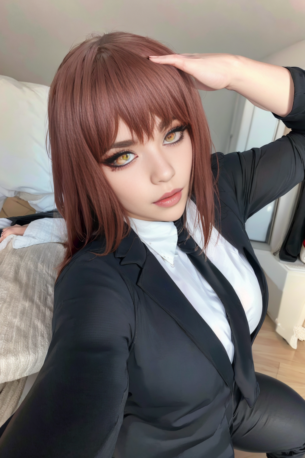 (view from top) woman Lying on side with head propped up on hand, ((shirt, tie, pants):0.5) (detailed realistic face), (((hyperdetailed))), zoomed out, symmetrical face, detailed pupil, expressive eyes, makeup, real photography, modern look, Real photography (Realisitc:1.5)  <lora:EdobMakima_v1.0:0.8>  <lora:AlenkaPelenka_v1.0:0.5>