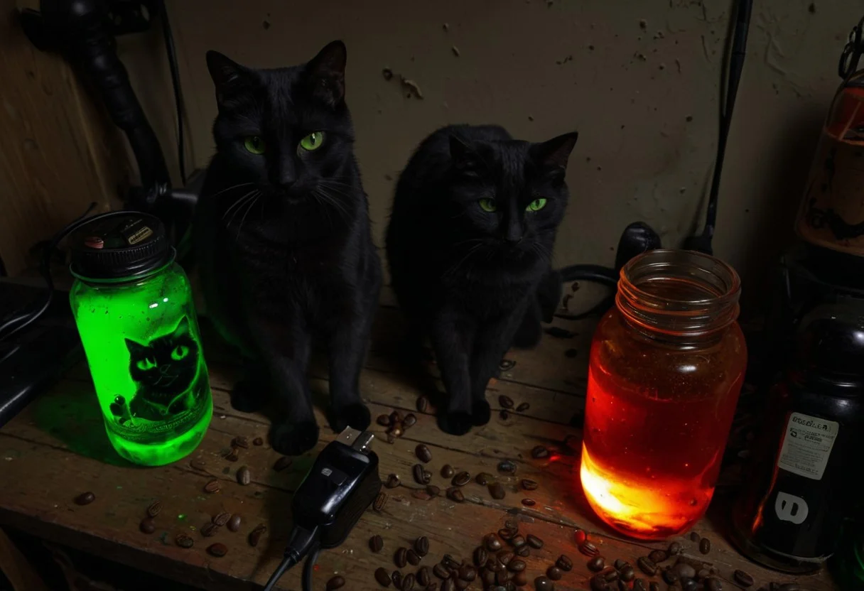 a photo of two cats side by side, black cat, orange cat, clutter, trash, garage, glass bottle, green goo, electronics, charger, 18650, glass jar, red liquid, axe, log, debris, coffee beans, backlit, low key