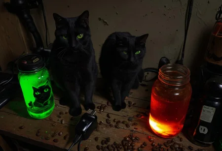 a photo of two cats side by side, black cat, orange cat, clutter, trash, garage, glass bottle, green goo, electronics, charger, 18650, glass jar, red liquid, axe, log, debris, coffee beans, backlit, low key