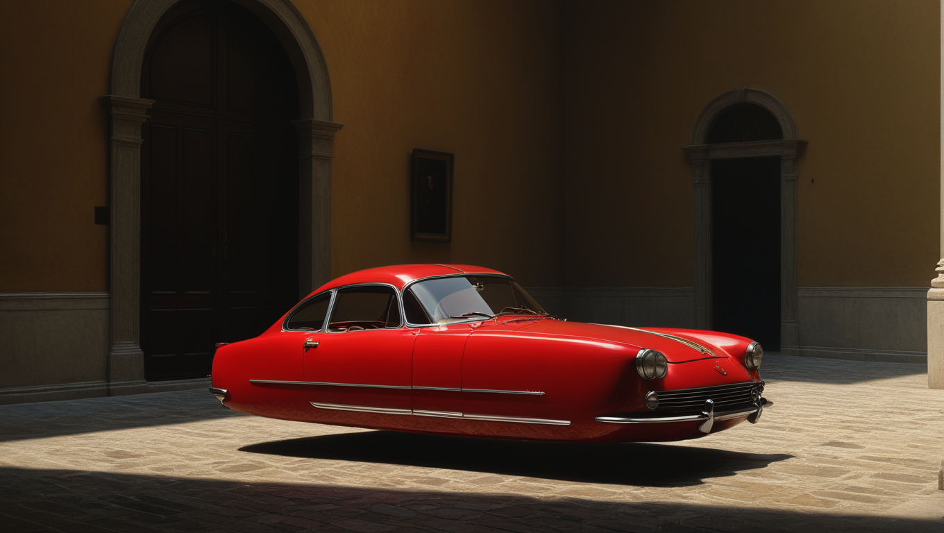 red hovering car, <lora:Hovering_Car_SDXL_v1:1>Hovering_Car,italian make, 1959, city streets, no wheels, (1950s  automobile)  hyper realistic, 16k, cinematic lighting, wide shot, f/3.6, toscanian city background, perfect composition, beautiful detailed intricate insanely detailed octane render trending on artstation, 8 k artistic photography, photorealistic concept art, soft natural volumetric cinematic perfect light, chiaroscuro, award - winning photograph, masterpiece, oil on canvas, raphael, caravaggio, greg rutkowski, beeple, beksinski, giger