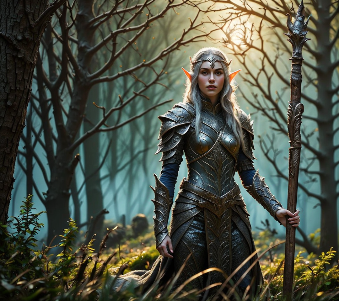 RAW photo, (masterpiece:1.3), subsurface scattering, heavy shadow, (high quality:1.4), (intricate, high detail:1.2), professional photography, HDR, High Dynamic Range, realistic, ultra realistic, photorealistic, high resolution, film photography, ambient lighting, atmospheric effects, <lora:detail_slider_v4:3>, OverallDetail, a female elf warrior, wearing intricate elven armor, scalemail, circlet, cloak, holding a spear, elar, <lora:ElvenArmor1:0.82>, <lora:Evil:0.8>, evilrealm, a clearing in an evil and dark forest, sinister fog, moonlight, <lora:cleavage:-2>,  epiCPhoto