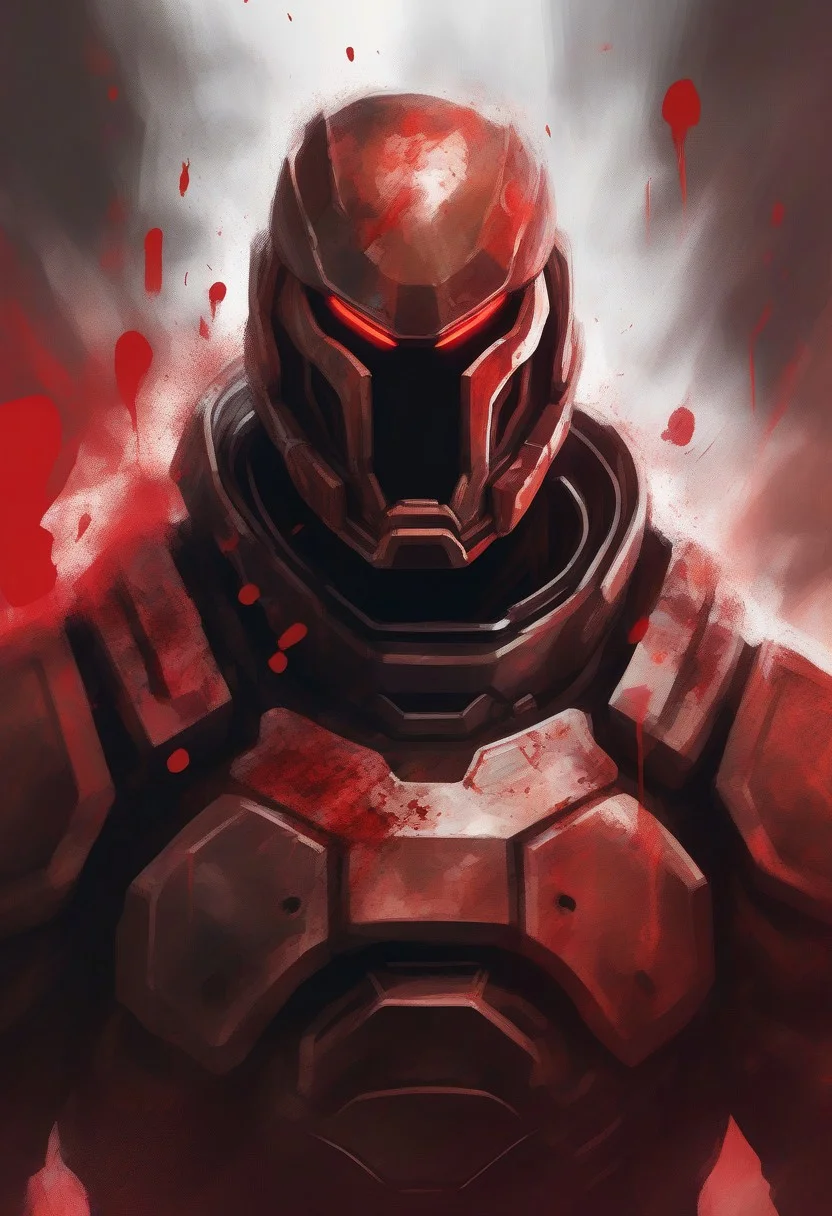 dramatic portrait of a doom slayer, showcasing a close-up of his helmet, blood intense brushstrokes and red abstract elements,