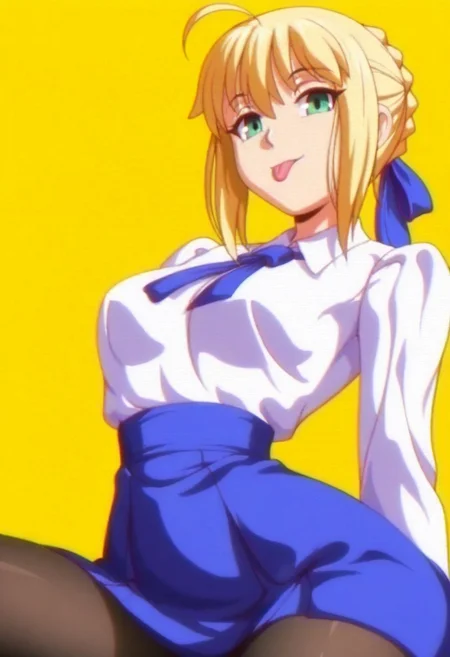 1girl, solo, artoria pendragon (fate), saber (fate), blonde hair, medium breasts, narrow waist, curvy, wide hips, white shirt, high-waist skirt, blue skirt, black pantyhose, :p, looking at viewer, (upper body), yellow background, anime screencap, anime coloring, angelauxes style, retro artstyle, (film grain), fate (series)