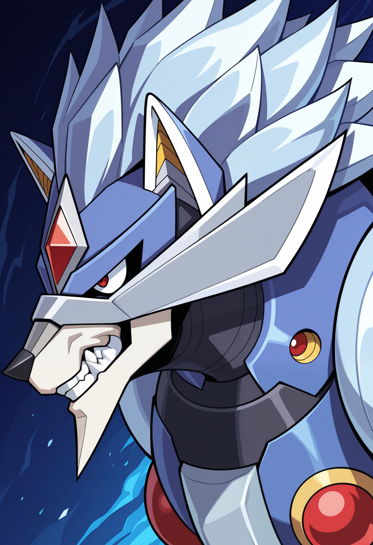 masterpiece,best quality,amazing quality, 1boy, solo, Bw0lfg4ng, robot wolf boy, robot, red eyes, blue hair, close up, side angle, smirk,