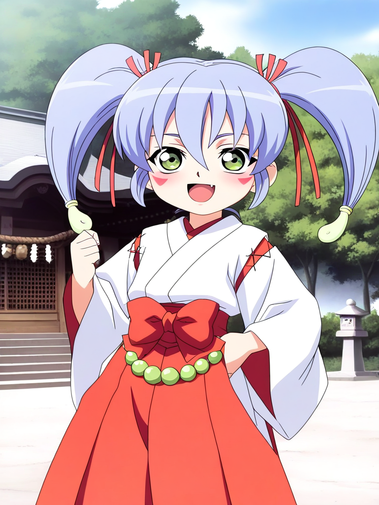 general,highres, ultra-detailed,very aesthetic,best quality ,best hands, BREAK <lora:Nazuna_Onmyou_Taisenki_Ver2.0_IS:1>
Nazuna, 1girl, solo, blue hair, short hair, red ribbon, hair ribbon, short twintails, magatama hair ornament,green eyes, light smile,
1girl, solo, japanese clothes, miko, green eyes, red hakama, long hair, skirt, open mouth, hakama, blue hair, blush, hakama skirt, long sleeves, facial mark, gold beads, waist beads,
red triangle facial mark, hair between eyes,white kimono,cross-laced sleeves,long sleeves, wide sleeves, red hakama pants, red layered waist bow,
shrine, outdoor, sky, tree,