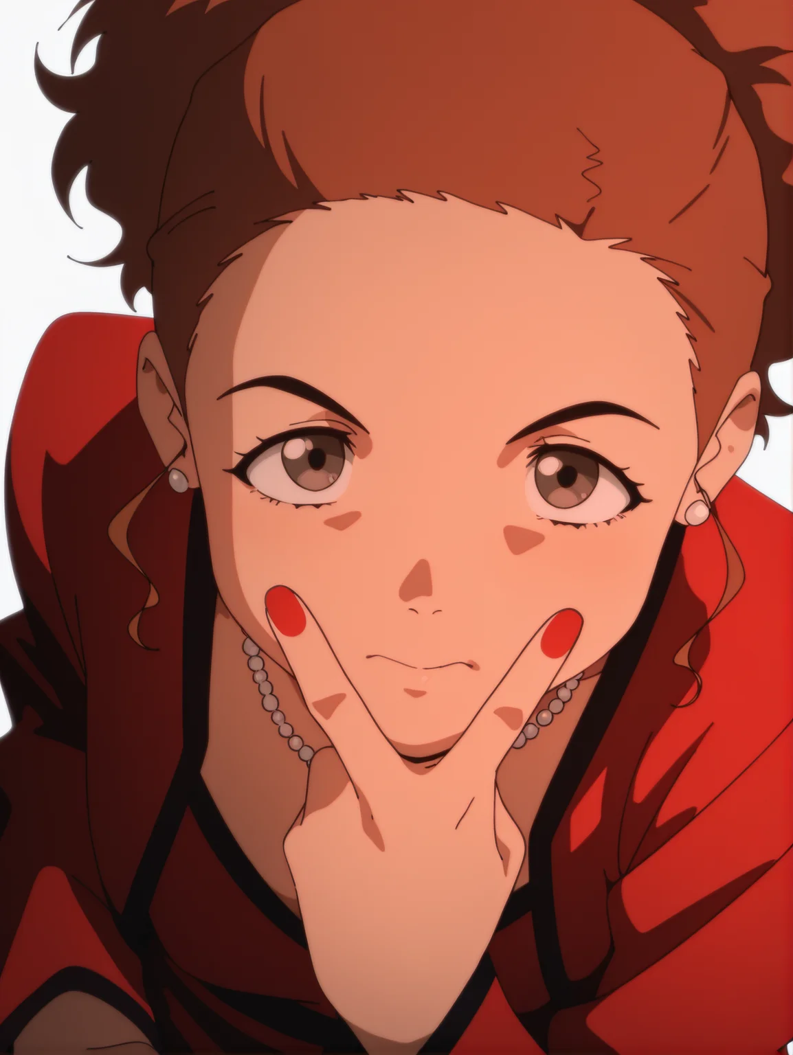 masterpiece, best quality, amazing quality, absurdres, newest, dynamic_angle, defined facial features, anime coloring, anime screencap, white background,
<lora:Reika-Juri_IL1.1_v0:1> kato juri \(sel\), 1girl, grey eyes, short hair, red long sleeve jacket, red dress, white earrings, white necklaces, red nail polish, v:1.2