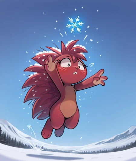 masterpiece, best quality, safe, (furry female:1.2), flaky \(htf\), solo, red fur, porcupine, spines, dandruff, exhausted, snowy field, jumping, aerial perspective, pretty, confident, arms outstretched, toony, blush, catching snowflakes, unaware, by hungrypaws, 4k, shading, <segment:yolo-Canine.pt,0.2,0.4//cid=1><segment:yolo-Face.pt,0.2,0.4//cid=2>