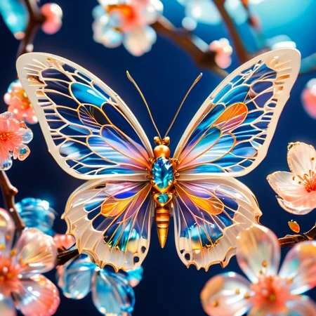 close up shot from the side, 85mm lens, a beautiful intricate mechanical clockwork butterfly, it should have bright beautiful vibrant colors,  it is standing on a branch of a cherry tree next to it is a blossoming cherry bud. avoid multiple butterfly's, deep blue background <lora:SDXLFaeTastic2400:1> <lora:lora:1>