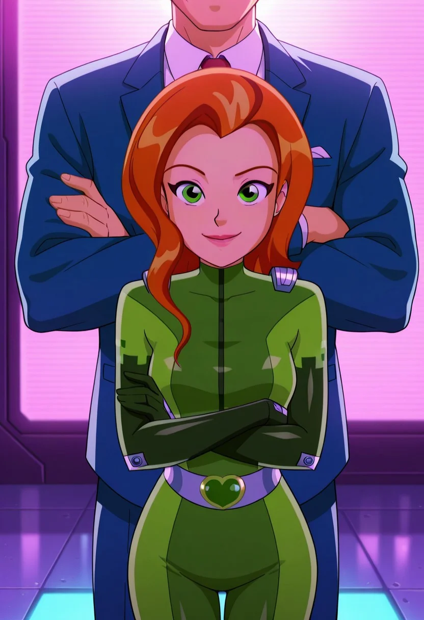 masterpiece, best quality, good quality, cartoon, totally_spies_2k24, sam, orange hair, green eyes, green bodysuit, sexy, medium breasts, beautiful, detailed, high detailed, very beautiful, detailed face, detailed eyes, detailed hand, abstract background, neon, smile, posing, standing, crossed arms, looking at viewer, face focus magazine cover OCBF as title, tall male red haired male, standing behind female, male holding female, Male suit and tie,