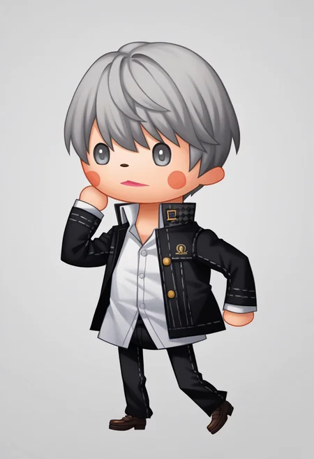 score_9, score_8_up, score_7_up, source_anime BREAK 1boy, solo,
<lora:zs_TheatrhythmStyleXL_1:1.1> theatrhythmstyle, chibi, white background, full body
<lora:persona4_yunarukami_ponyXL:0.8> narukami yu, grey hair, grey eyes, school uniform, black jacket, open jacket, long sleeves, white shirt, collared shirt, black pants