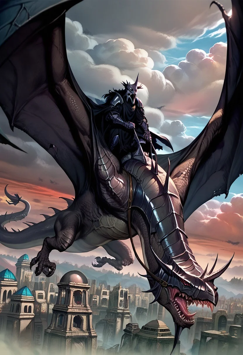 Score_9, score_8_up, score_7_up, Witch King
masked warrior,
full armor,
black cloak,
shredded clothing, full body, riding dragon, fell beast, riding fell beast, mounting dragon, flying, clouds, sky, ancient city, ruins, ruined city
