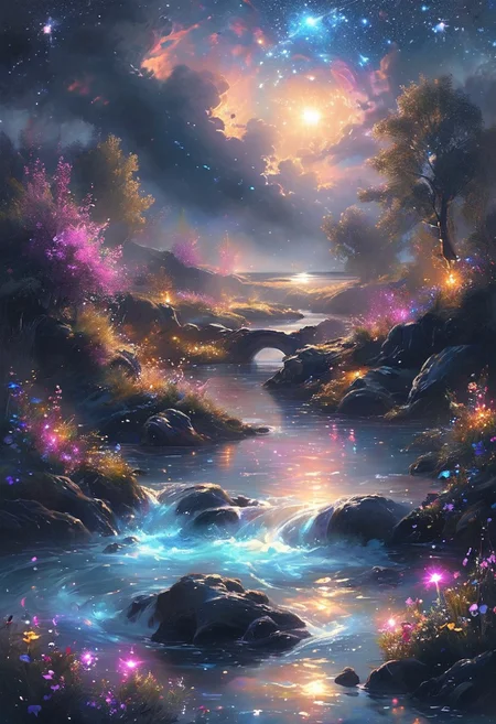 Create a scene along a celestial river that flows through a mystical landscape, where the water sparkles like stardust. Enigmatic water creatures, such as luminous otters and shimmering water nymphs, play along the banks, their forms reflecting the colors of the night sky. The riverbanks are lined with glowing flowers and plants that sway gently in the breeze. Above, constellations twinkle brightly, and the air is filled with a soft, melodic hum, as if the river itself is singing a lullaby to the stars.