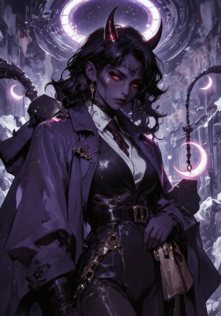 A female Tiefling with purple skin, red eyes, dark hair, pointed ears, and crimson tipped black horns. She wears a heavy purple and black robes like a trenchcoat, glasses, a suit, and teardrop earrings shaped like crescent moons. mythp0rt, An1meL1nes, Anime art, Legenddarkfantasy mode, animeniji