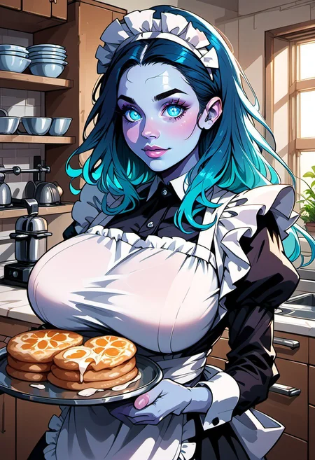 commix style, score_9, score_8_up, score_7_up, 1woman, mature, (blue skin:1.3), detailed blue eyes, large round eyes, bright eyes, (long dark blue hair:1.4), fiery hair, gradient_hair to light neon blue, (very long hair), blue lipstick, huge breasts, maid dress, black dress, puffy sleeves, apron, holding tray, indoors, kitchen